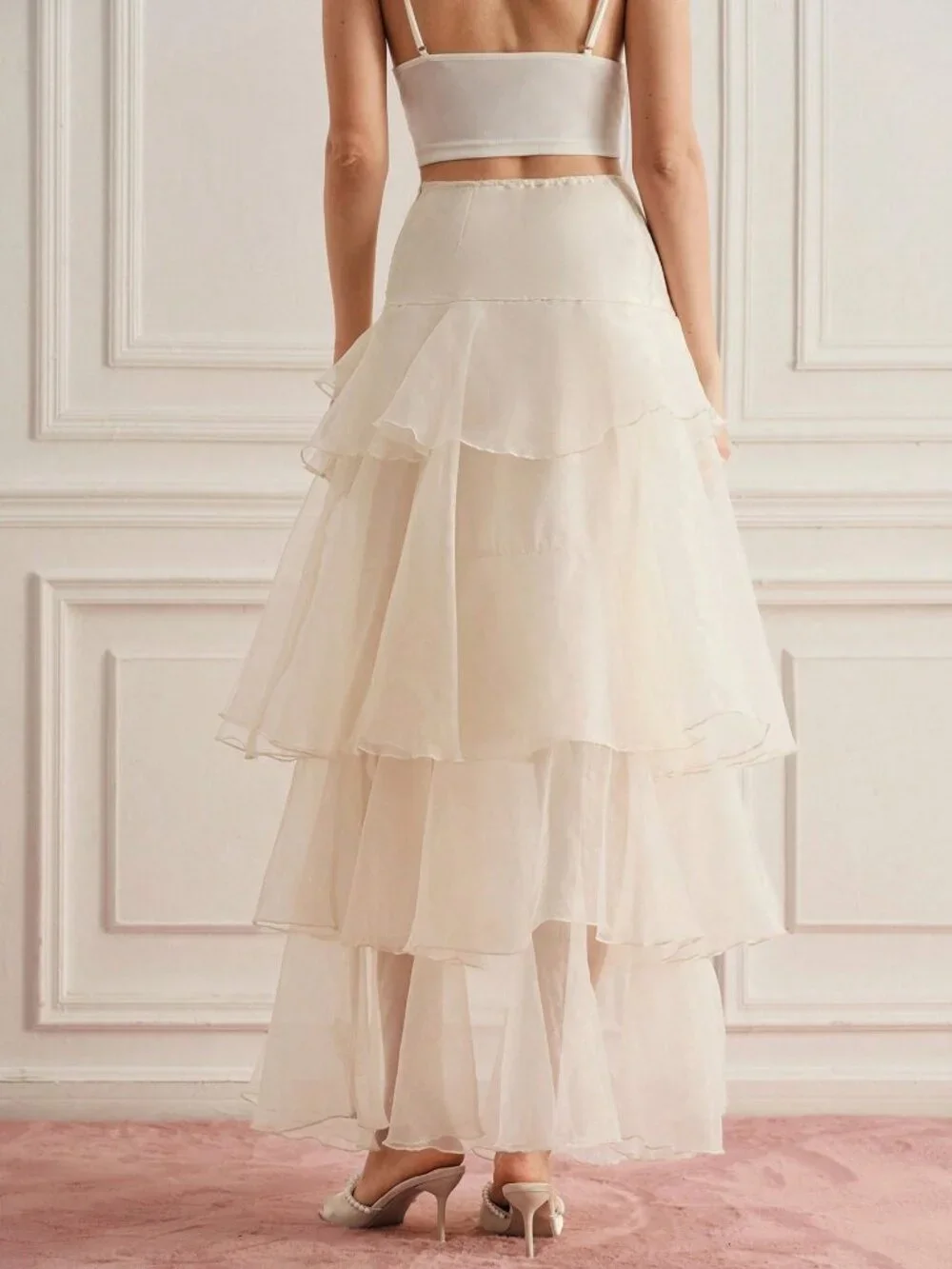 European Elegant Women's Sequin Floral detailed Ruffle Hem Cake Skirt